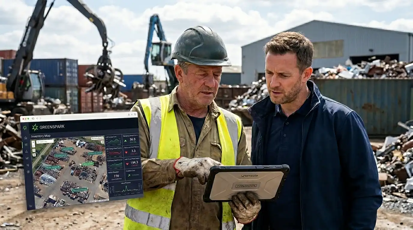 Two scrap yard professionals using a tablet to analyze real-time market data against their inventory.