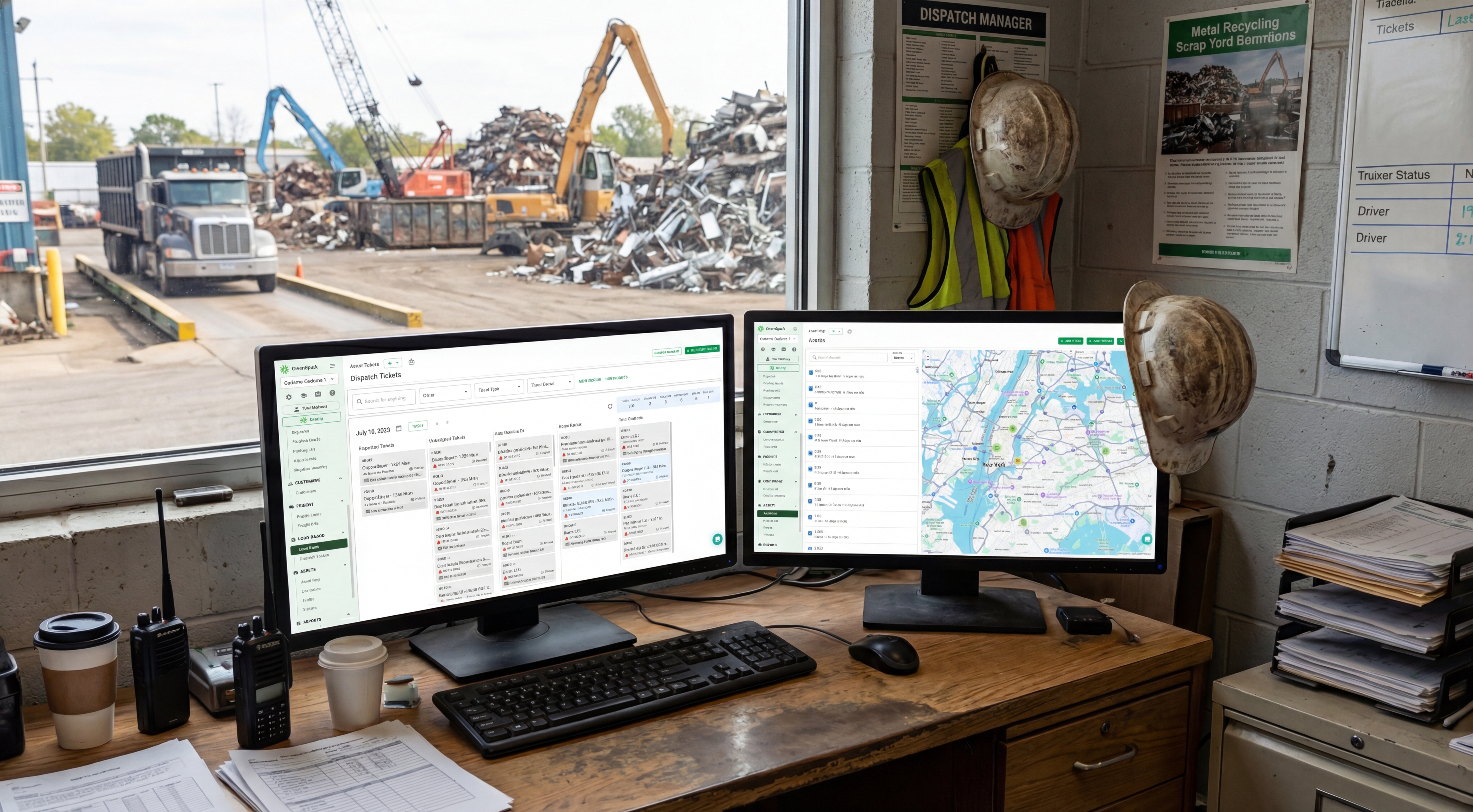 A commercial scrap yard operations manager holding a digital tablet with a scale and crane operating in the background.