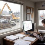 A commercial scrap yard operations manager holding a digital tablet with a scale and crane operating in the background.