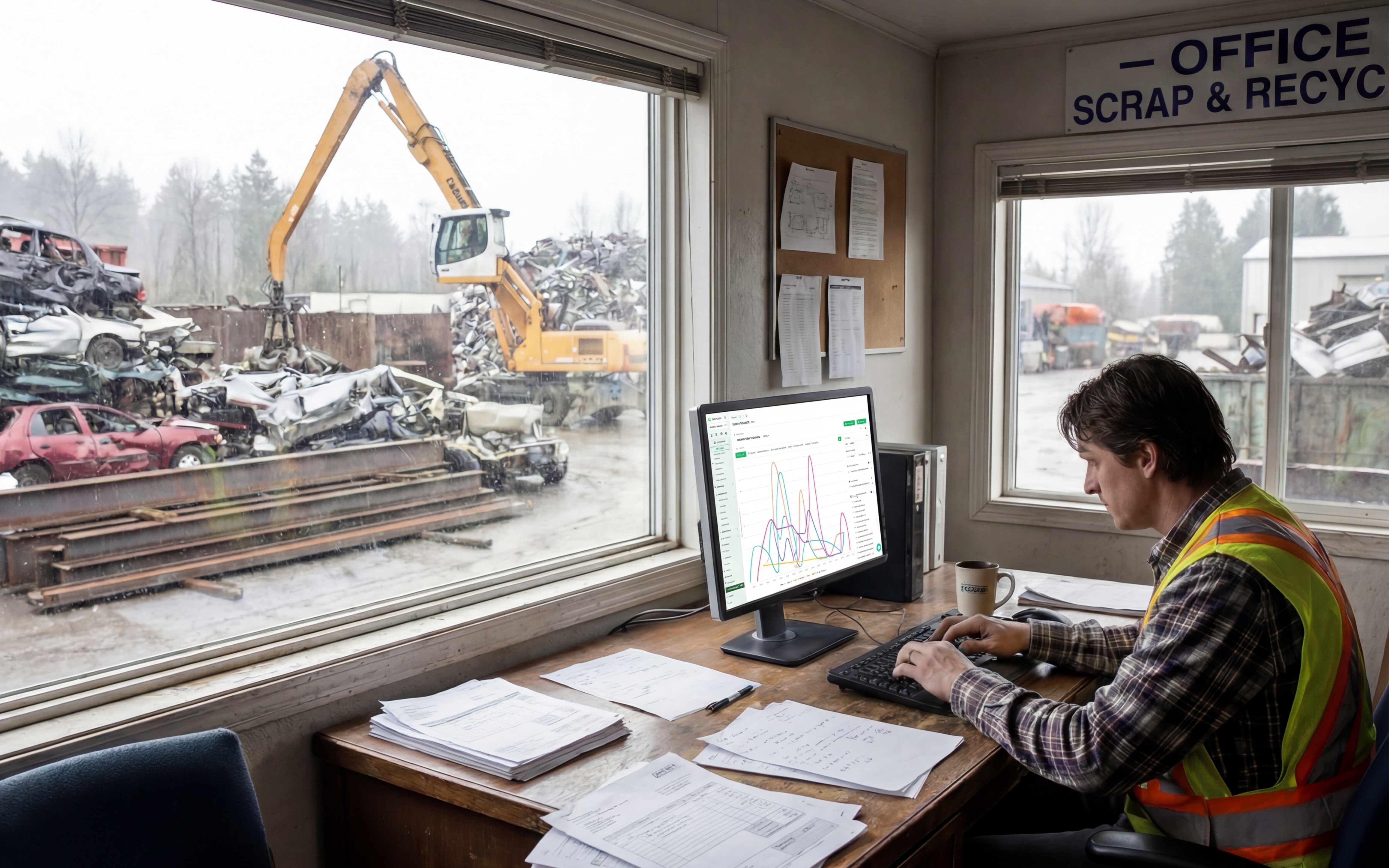 A commercial scrap yard operations manager holding a digital tablet with a scale and crane operating in the background.