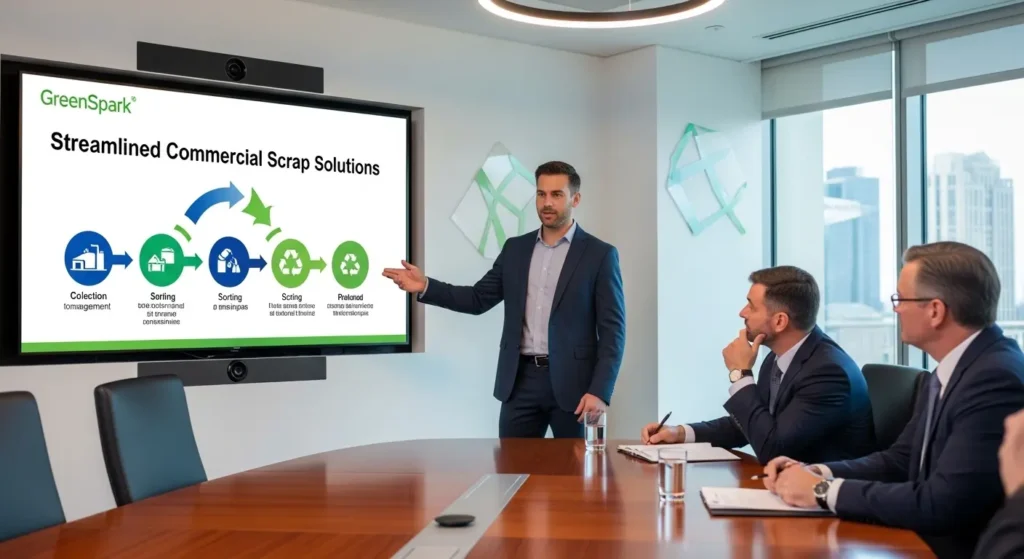 A commercial scrap yard representative giving a B2B sales presentation to manufacturing executives.