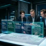 Executives reviewing a physical business plan combined with holographic projections of a multi-stage AI roadmap.