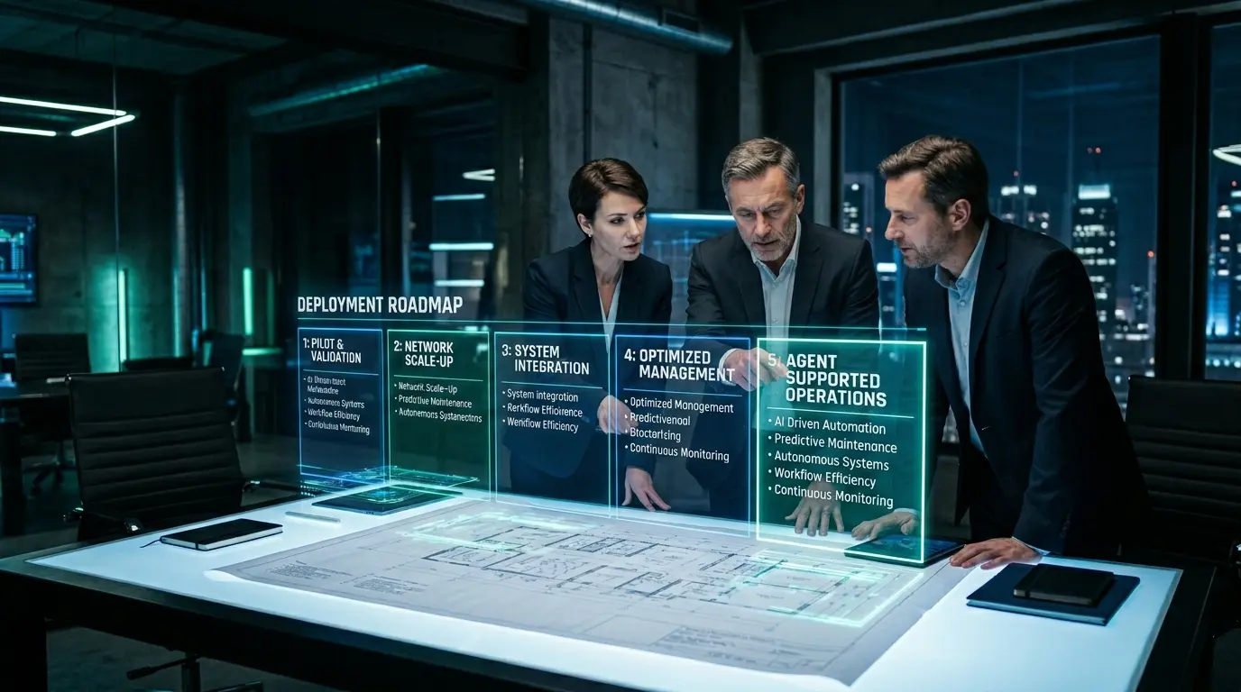 Executives reviewing a physical business plan combined with holographic projections of a multi-stage AI roadmap.