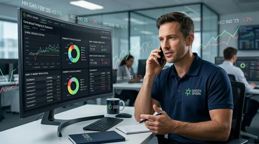 A scrap buyer confidently negotiating a deal supported by a real-time hedging and exposure dashboard.