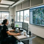 A scrap yard dispatcher monitoring fleet GPS tracking and digital routes on a computer screen.