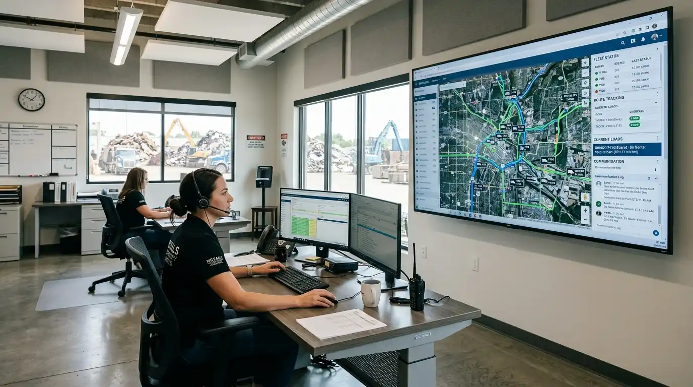 A scrap yard dispatcher monitoring fleet GPS tracking and digital routes on a computer screen.