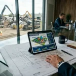 A digital tablet displaying financial metrics resting on top of a facility expansion blueprint in an industrial conference room.