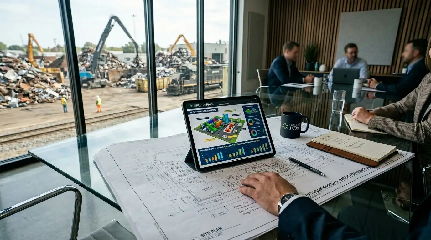 A digital tablet displaying financial metrics resting on top of a facility expansion blueprint in an industrial conference room.