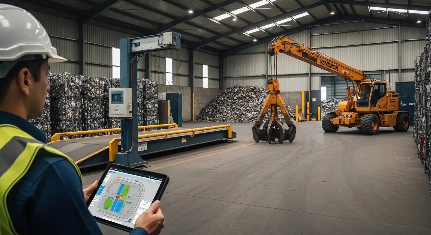 A commercial scrap yard operations manager holding a digital tablet with a scale and crane operating in the background.