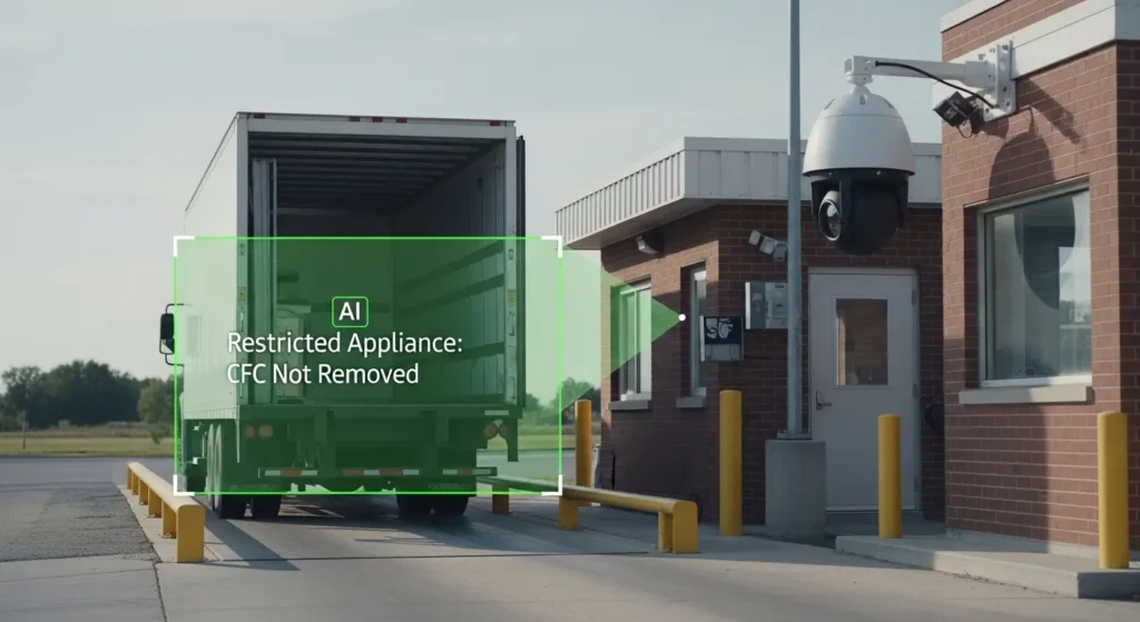 A camera rig over a scale lane with an AI overlay correctly identifying restricted material in a truck bed.