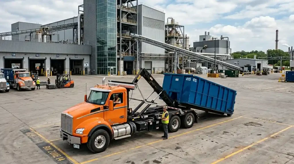 A roll off truck delivering an empty commercial scrap bin to a modern manufacturing facility.