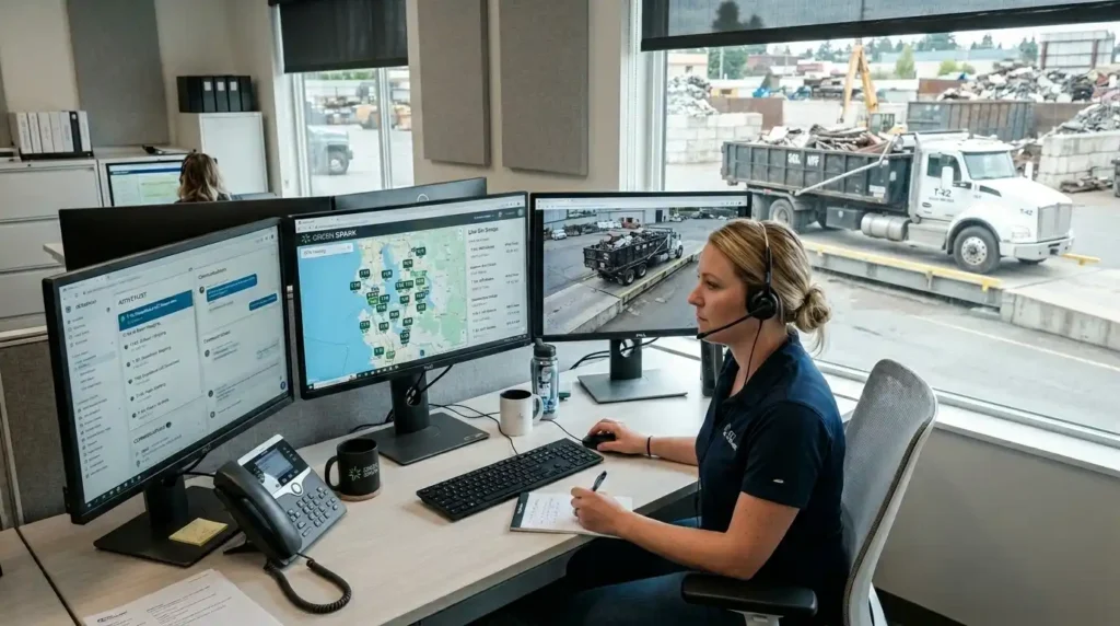 A scrap yard dispatcher monitoring a commercial truck fleet using digital GPS tracking and routing software on multiple computer screens.