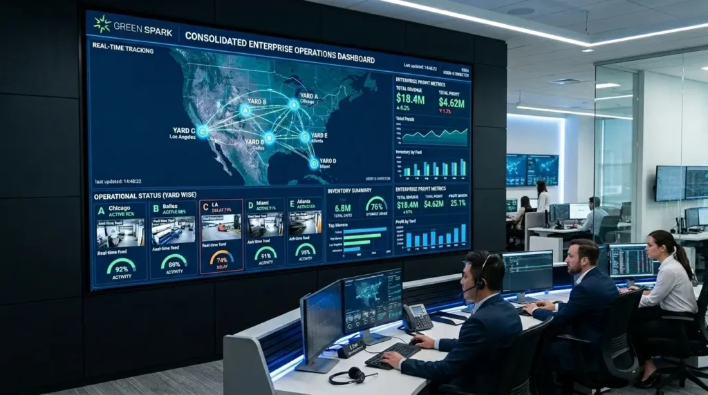 A centralized management dashboard showing live consolidated data across five different scrap yard locations.