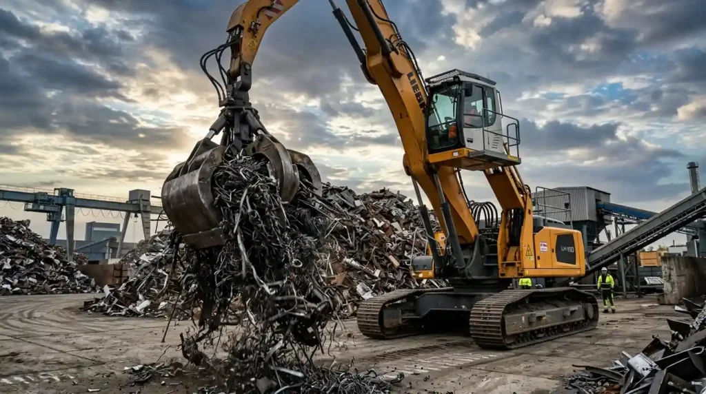 A massive modern material handler moving a large volume of industrial steel turnings at a commercial scrap metal yard.