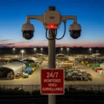 A visible security camera rig and surveillance sign overlooking a commercial scrap yard at dusk.