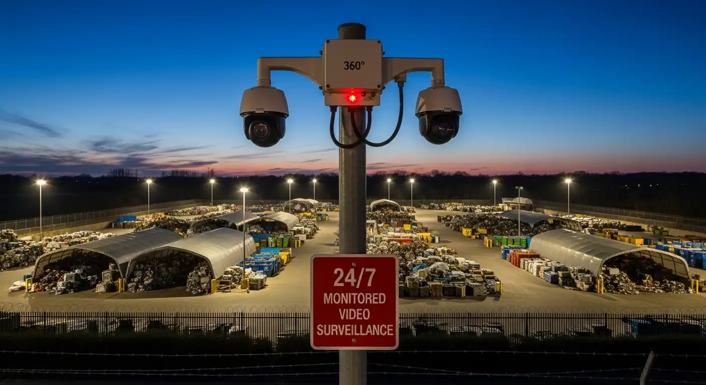 A visible security camera rig and surveillance sign overlooking a commercial scrap yard at dusk.