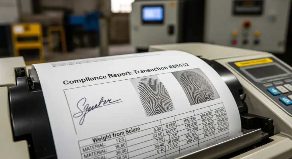 A printer outputting a formal compliance report showing visual proof of seller signature, thumbprint, and scale weights.