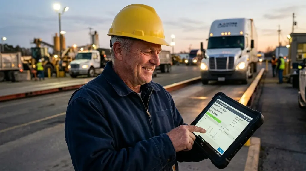 A confident and experienced scale operator using a tablet with modern software in a scrap yard environment.
