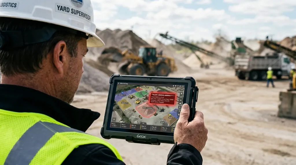 A yard supervisor viewing automated inventory alerts and a 3D yard map on a mobile tablet.
