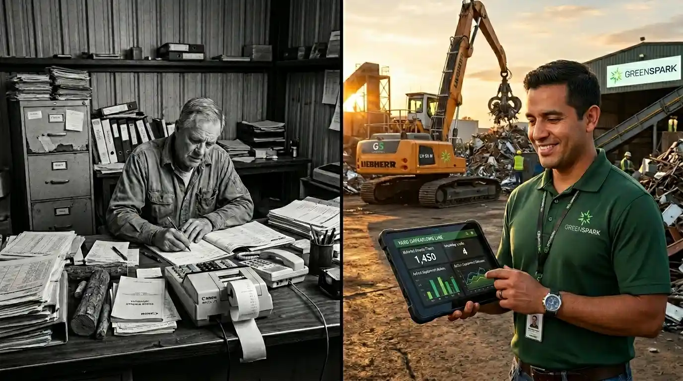 A split photo showing old manual paper records contrasted against a modern yard manager using a tablet for digital operations.