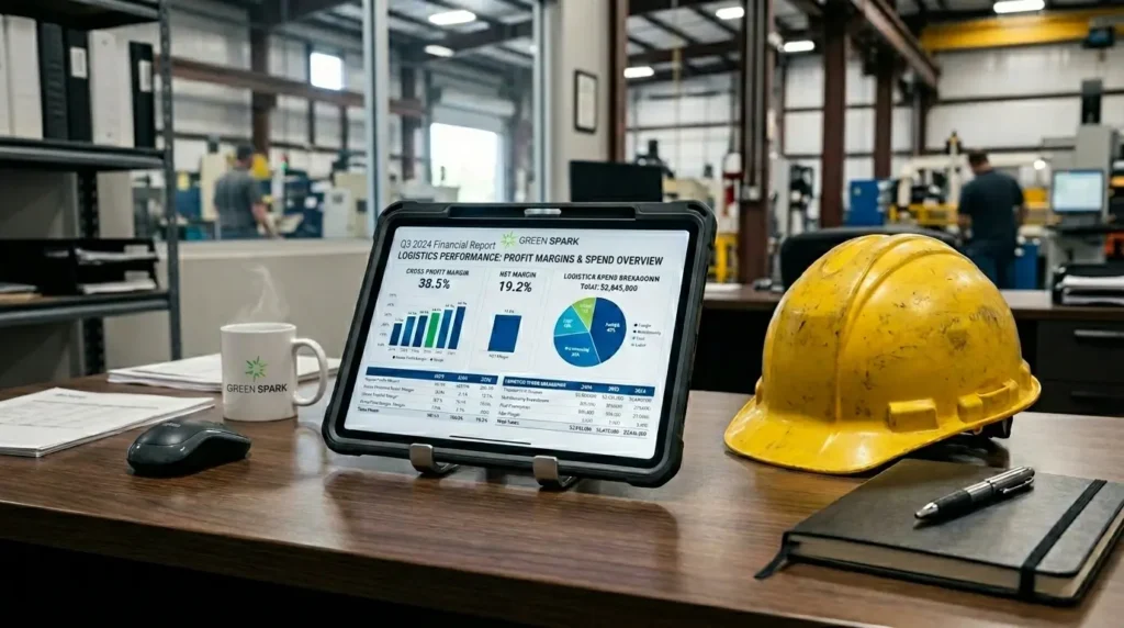 A tablet displaying logistics profit margins and freight spend metrics on an industrial office desk.