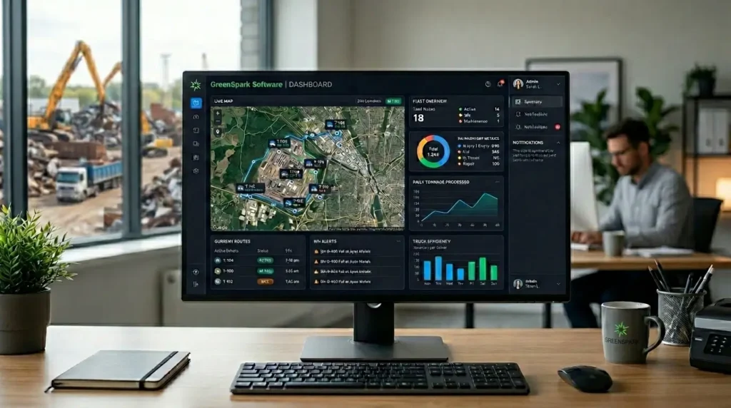 A digital dashboard displaying fleet management metrics, truck locations, and bin inventory.