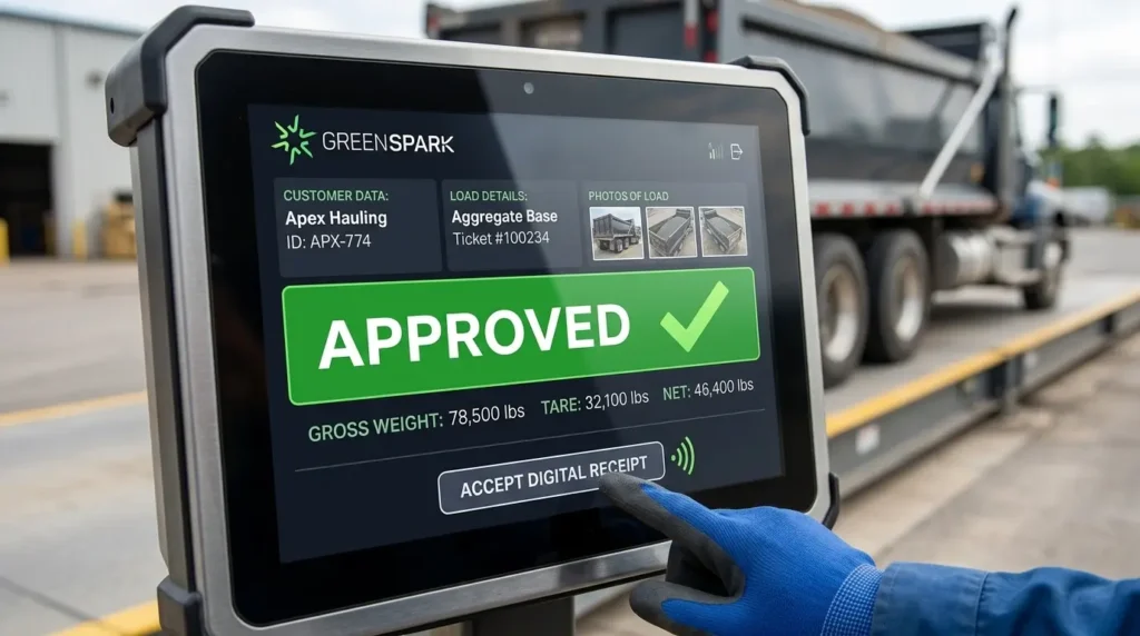 A modern touch screen terminal displaying automated transactional data and photo capture during a scale ticket process.